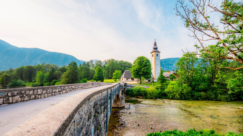 Bohinj Lake and the Church of St John the Baptist in Triglav National Park, Julian Alps, Slovenia