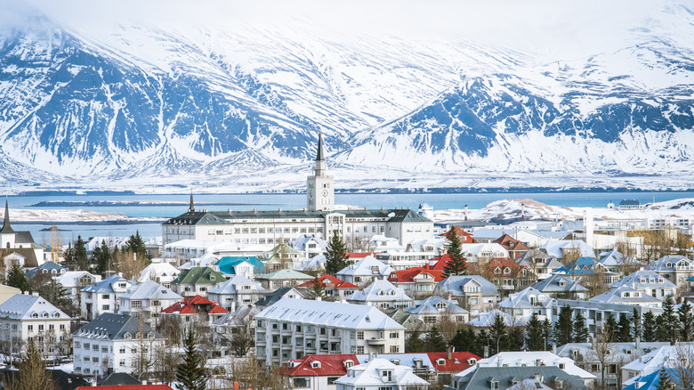 Snowy view of Reykjavík and the surrounding mountains