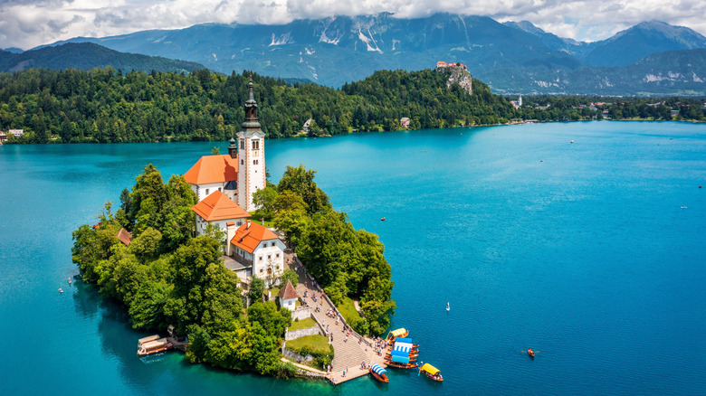 Aerial view of Bled Island in Slovenia