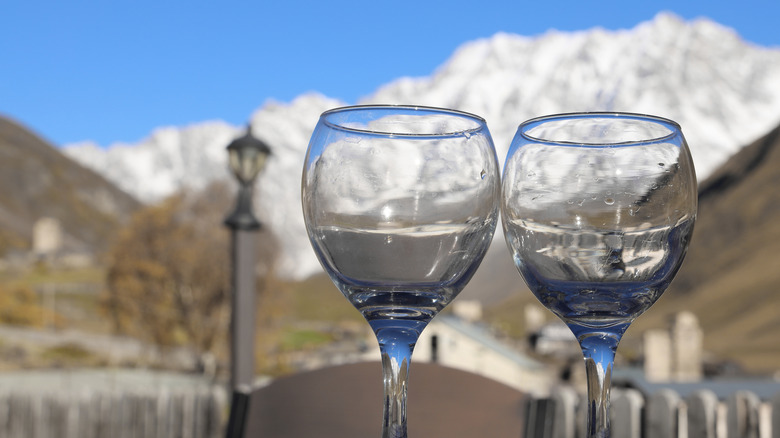 Wine glasses with Shkhara Mountain in background