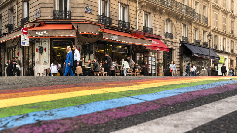 Street painted in pride flag colors in Paris, France