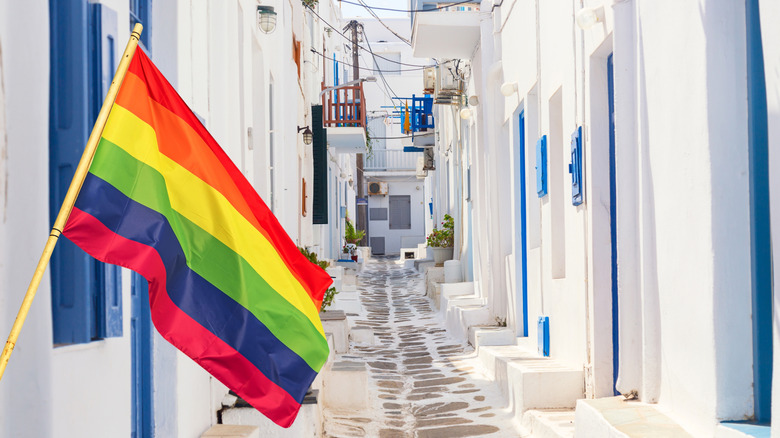 Pride flag in a classic whitewashed Greek village