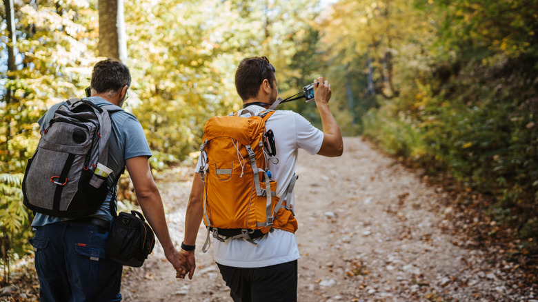 Male couple holding hands and hiking in Europe