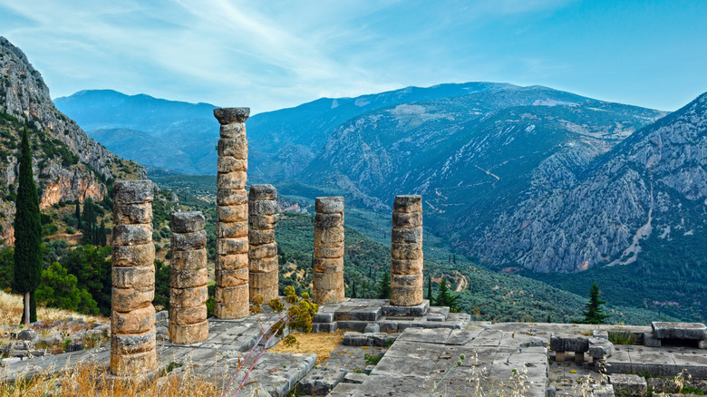 Archaeological site of Delphi framed by mountain views
