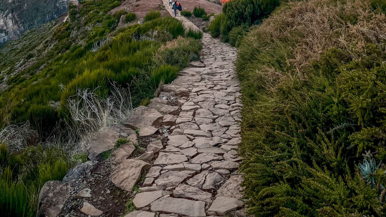 Hikers at Pico do Arieiro in Madeira, Portugal during sunrise