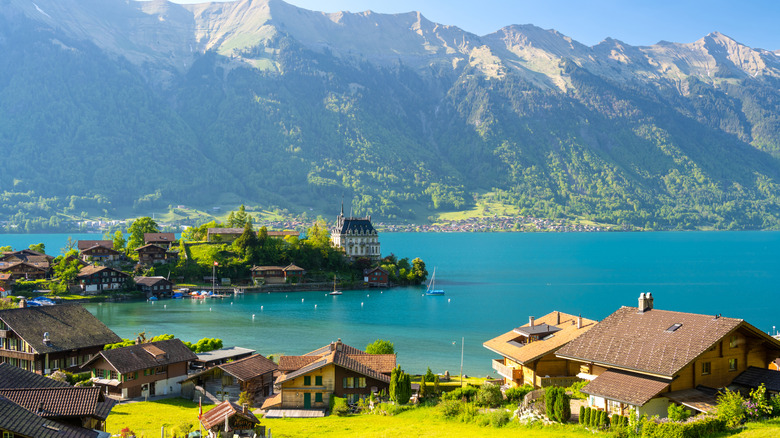 A view of Lake Brienz, a village, and the Alps in Switzerland