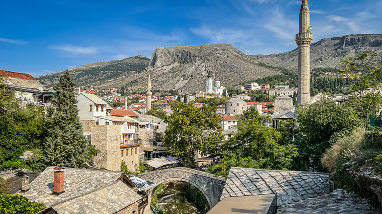 The Old Town of Mostar with the towering mosque and Crooked Bridge, Bosnia and Herzegovina