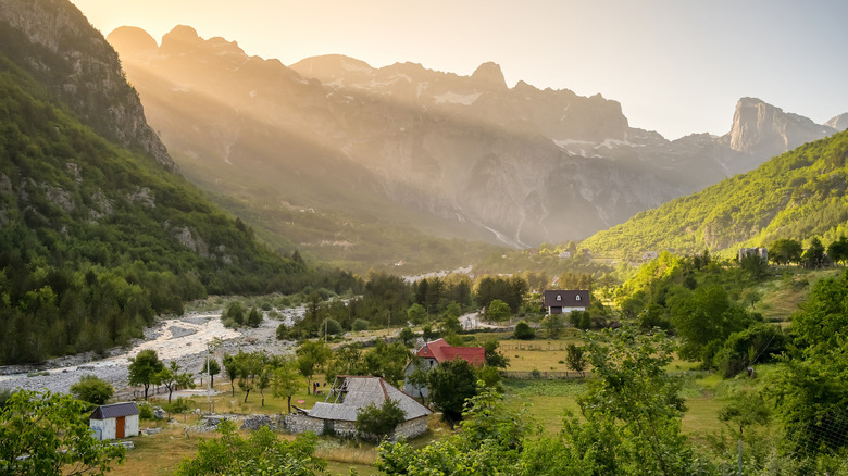 Landscape of the Theth village in Prokletije and Acursed Mountains in Theth National Park at sunset, Albania