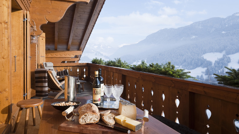 Charcuterie board and wine at a chalet in Switzerland