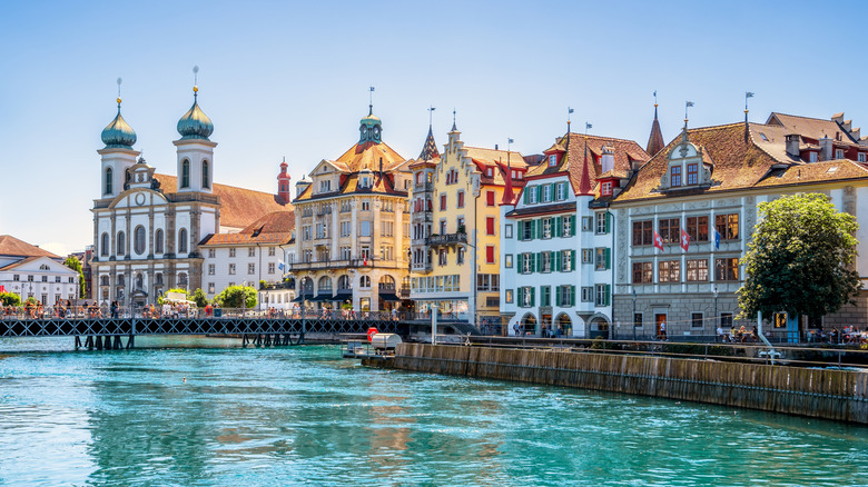 Historic buildings overlooking the water in Luzern, Switzerland