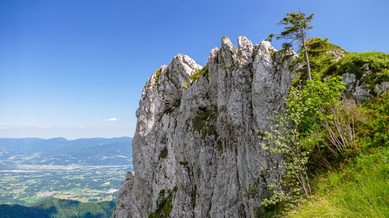 Dolomite rock formation in Dolomiti Bellunesi National Park near Sovramonte, Feltre.