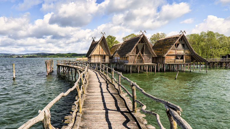 Pile dwelling reconstructions at the Pfahlbauten museum on Lake Constance, Germany
