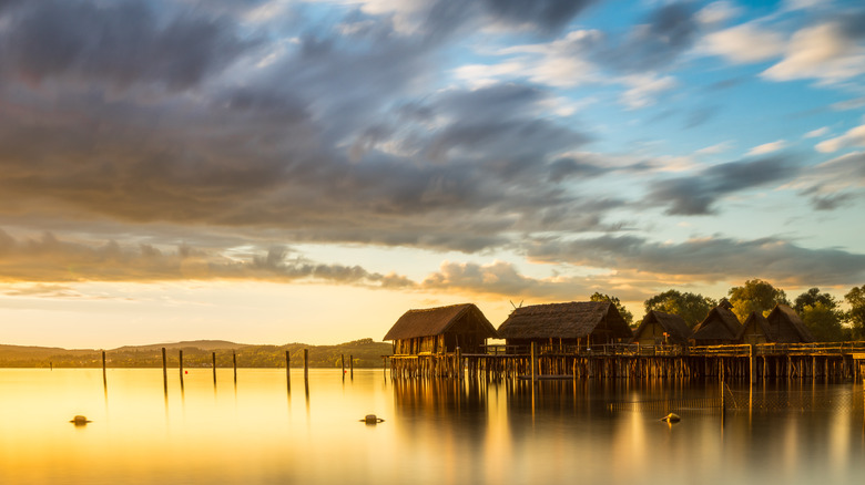 Pfahlbauten Pile Dwelling Museum in Germany at sunset
