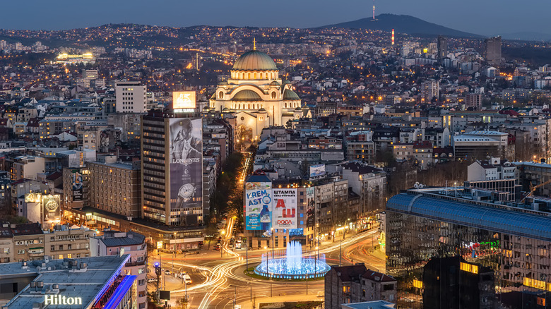 Nighttime view of belgrade with Church of Saint Sava visible