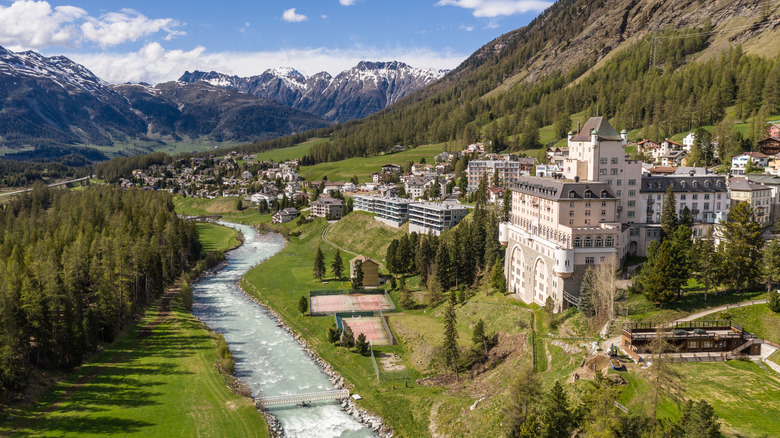 View of the Grand Hotel Kronenhof and surrounding Pontresina village in Switzerland