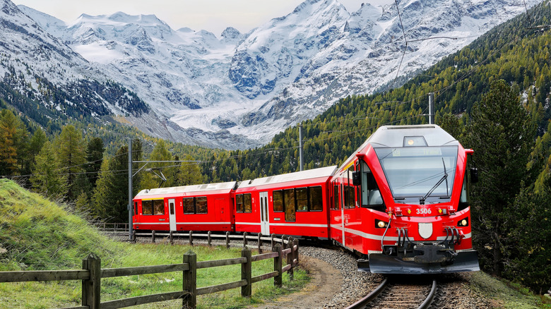 A train traveling through the glacial peaks of Pontresina, Switzerland