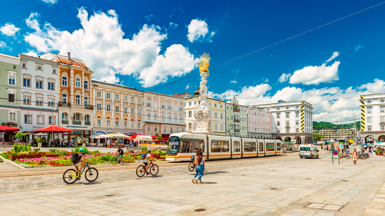 The main square of Linz, Austria seen with the Trinity Column at the center