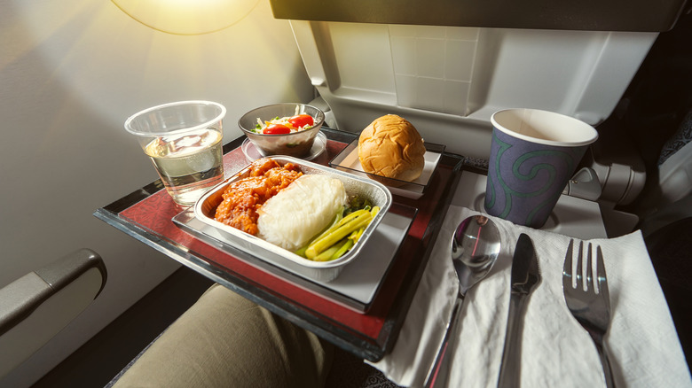 Someone having an in-flight meal