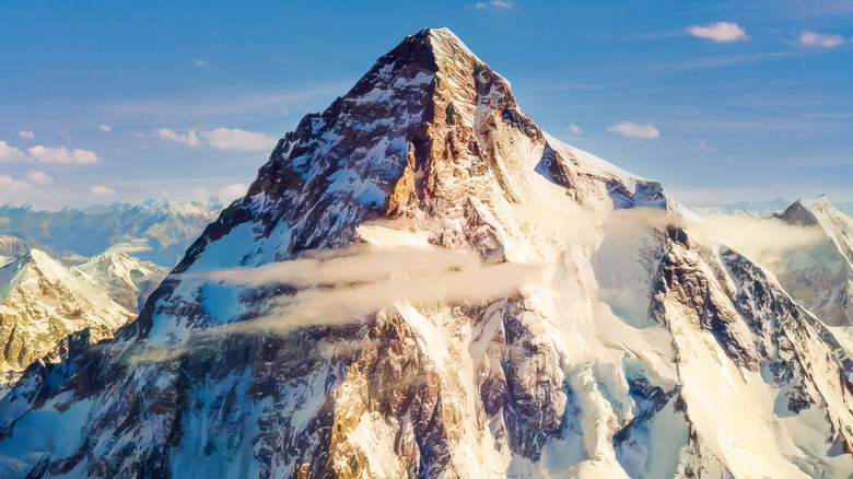 Daytime image of the summit of K2, the world's second-highest mountain, located in the Karakoram Mountain range bordering Pakistan and China