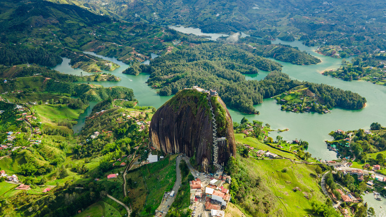 An aerial view of La Piedra del Peñol in Guatapé, Colombia