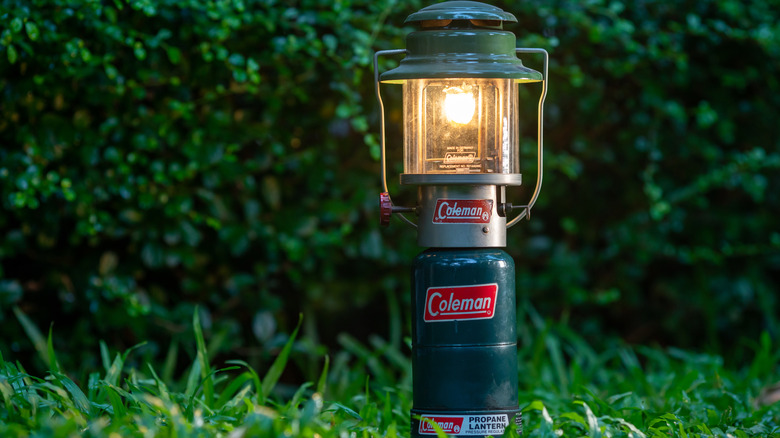 An old Coleman lantern sitting in the grass with bushes behind it.