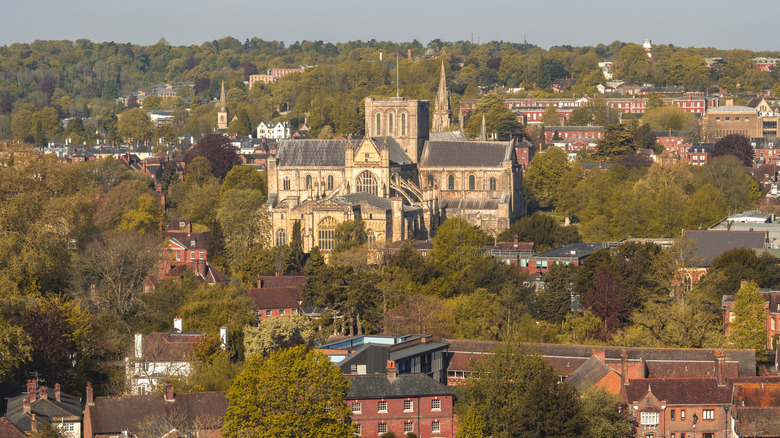 An aerial view of Winchester Cathedral surrounded by trees and houses