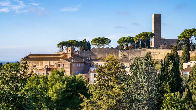 A church, old walls, and a square tower sit among trees in the medieval town Tarquinia, Italy