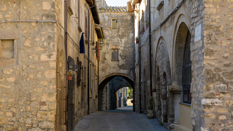 A shady lane weaves beneath an old stone arch in Tarquinia, Italy