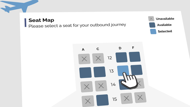 A cursor hovering over a seat selection for a fictional air travel website.