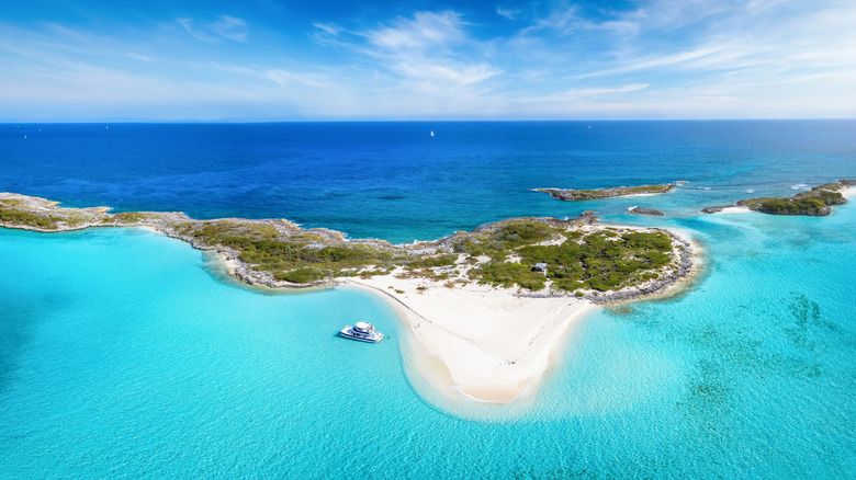 Aerial view of blue waters around Exuma Cays in the Bahamas