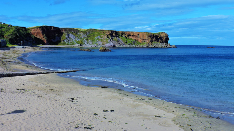 Golden sand and rugged rocky view in Eyemouth beach
