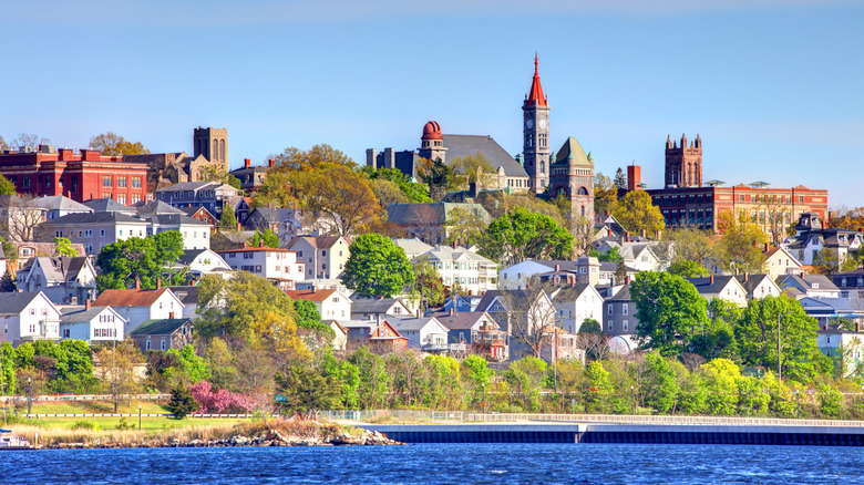 A view of Fall River, along the Taunton River, in Bristol County, Massachusetts