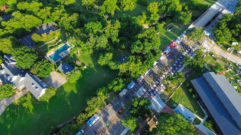 A bird's-eye-view of a street in Farmers Branch, Texas shows trees and food trucks on a sunny day