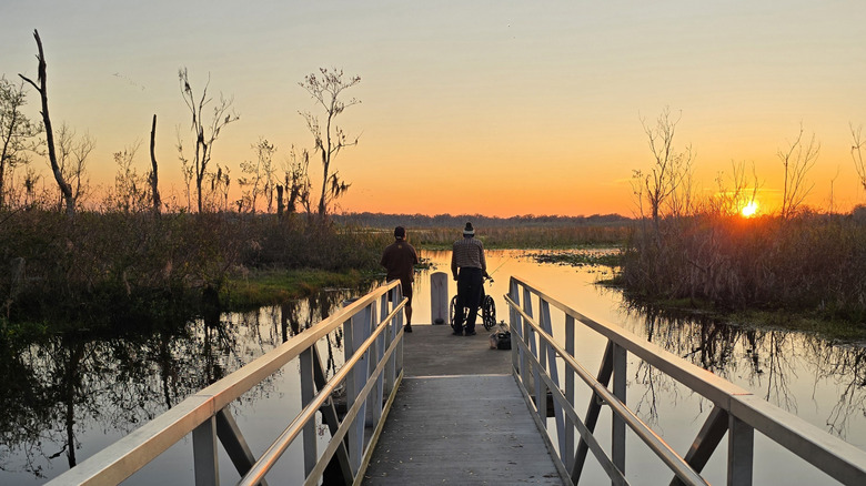 Two people silhouetted against the sunset on a boardwalk overlooking water and trees at Lake Okahumpka Park Wildwood, Florida