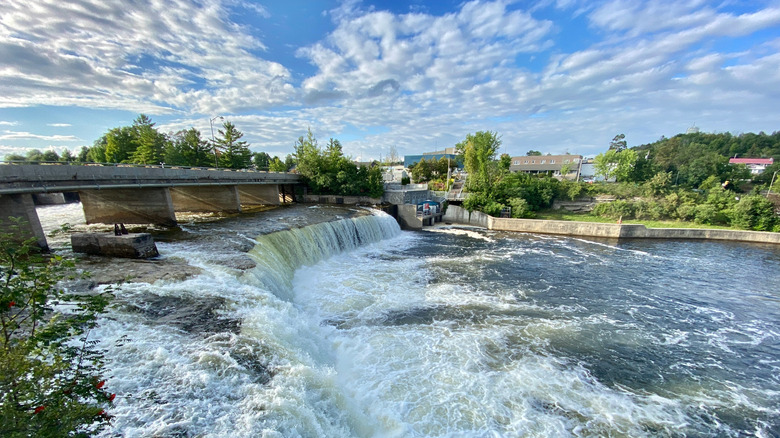 A view of the waterfall on Fenelon River in the center of Fenelon Falls, Ontario