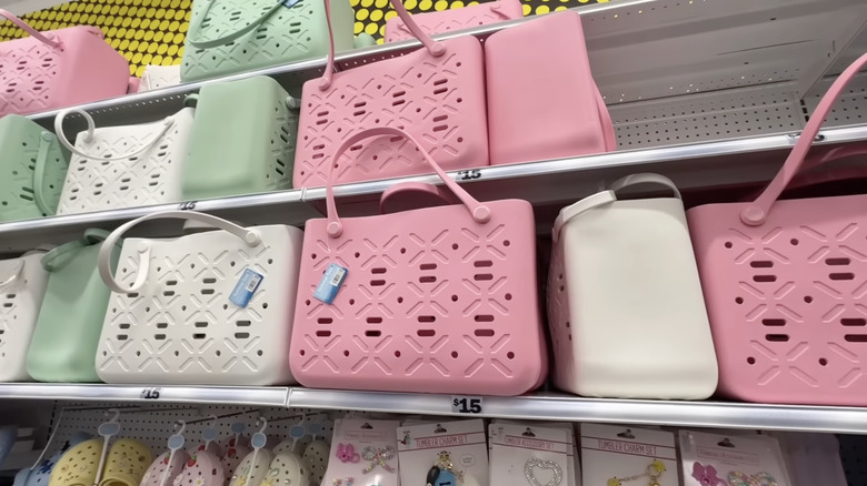Shelf of beach bags in store at Five Below