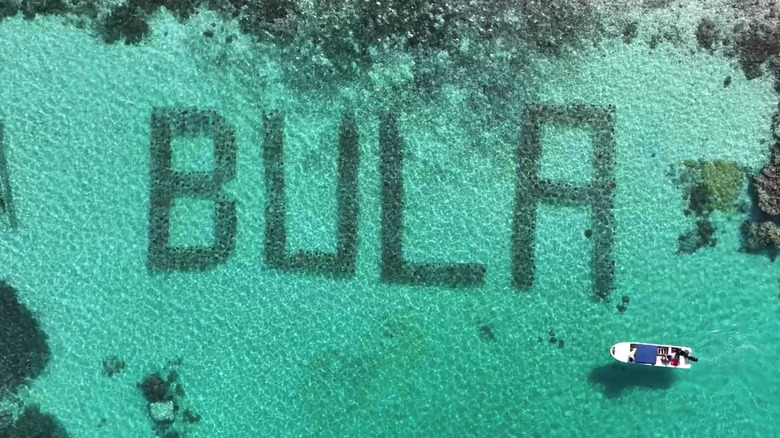 Aerial image taken by a drone of the BULA Reef outside of Plantation Island Resort on Malolo Lailai in Fiji