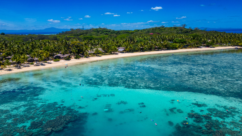 Aerial image of the Underwater Museum and the BULA Reef outside of Plantation Island Resort on Malolo Lailai island in Fiji