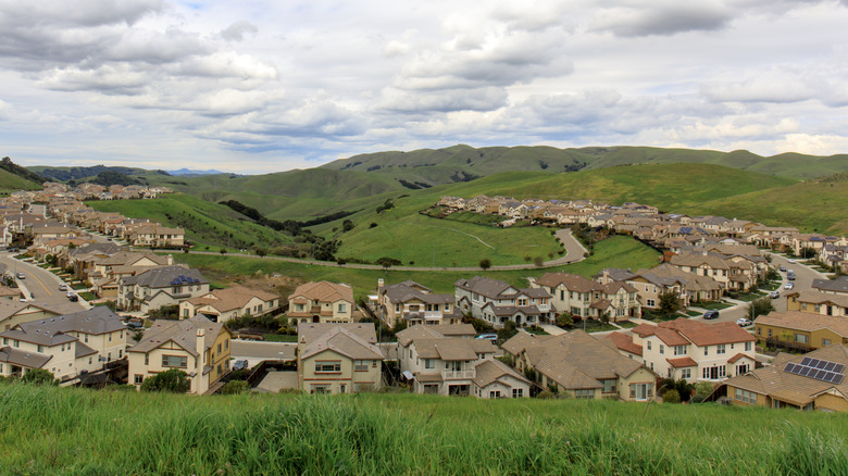 rolling hills with houses