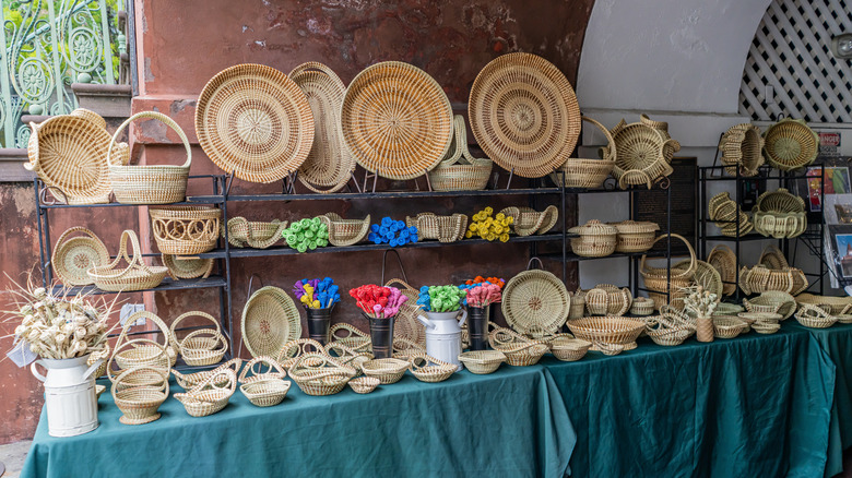 Variety of sweetgrass baskets on display at Charleston city market