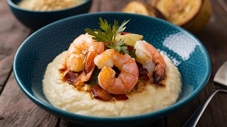 A bowl of shrimp and grits