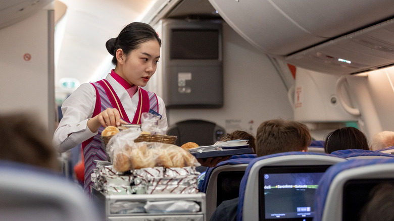 flight attendant serving meals