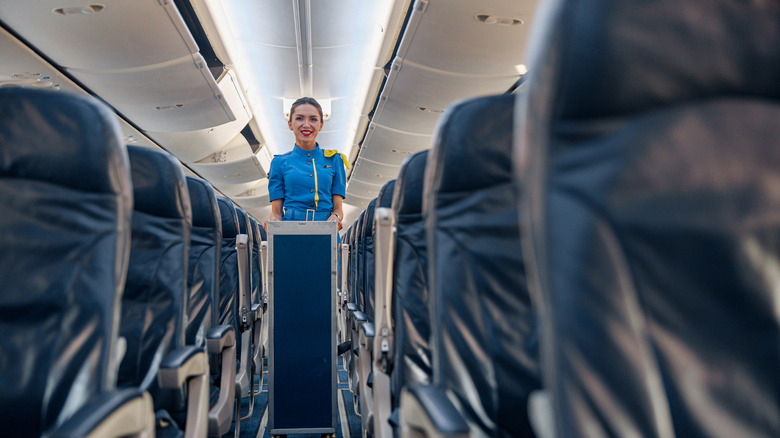 Flight attendant pushing food cart along the aisle