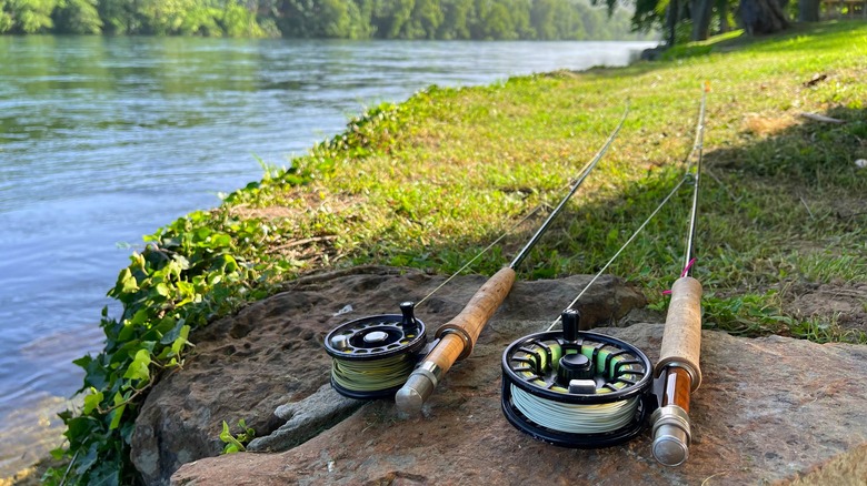 Two fly fishing rod and reels on a grassy bank next to a trout stream