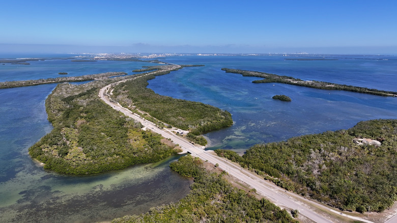 Aerial view of Fort De Soto state park islands, forests, and sand with a road cutting through them, Tierra Verde, Florida