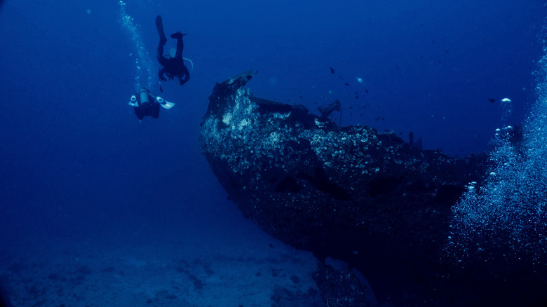 Two divers swim close to a large object