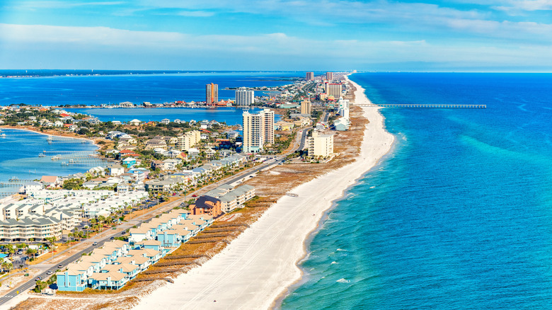 An aerial view of Pensacola beach in Pensacola, Florida