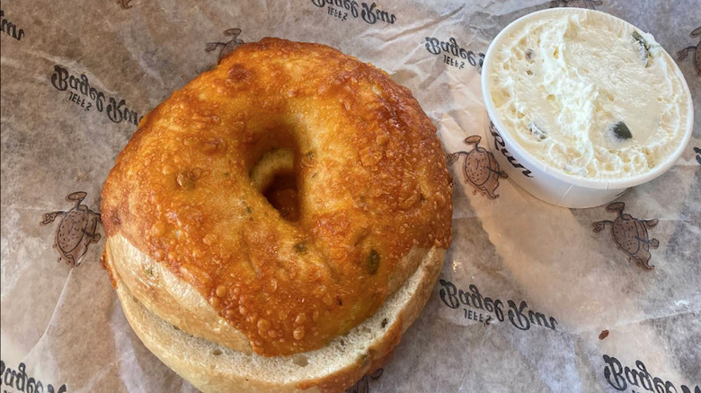 A sesame seed bagel with lox at Jeff's Bagel Run