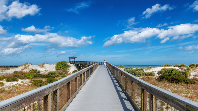 Smyrna Dunes Park with elevated boardwalk and fishing pier in New Smyrna Beach, Florida.