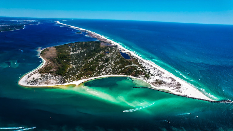 Aerial photo of Shell Island next to St. Andrews State Park, near Panama City, Florida